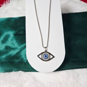 Hamsa Blue Evil Eye Pendant Necklace 20” Silver Stainless Steel Turkish Nazar